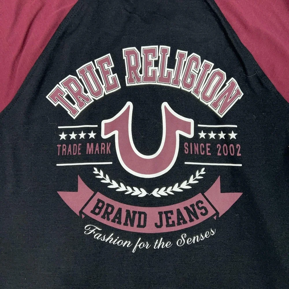 True Religion Jacket mens Small Black Red Raglan Bomber Sweatshirt Zip Graphic‎